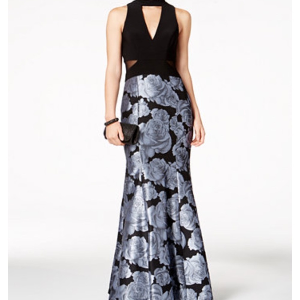 Xscape floor length choker neck floral skirt dress